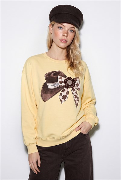 Kadın Fiyonk Baskılı Taş Detaylı Oversize Üç İplik Sweatshirt 2283 60286479 - Sarı