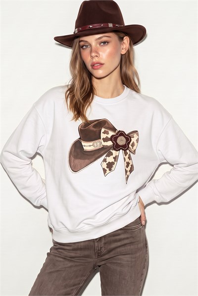 Kadın Fiyonk Baskılı Taş Detaylı Oversize Üç İplik Sweatshirt 2283 60286479 - Beyaz
