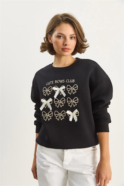 Kadın Fiyonk Nakışlı Kurdele Aksesuarlı Üç İplik Şardonlu Sweatshirt 60601048 - Siyah