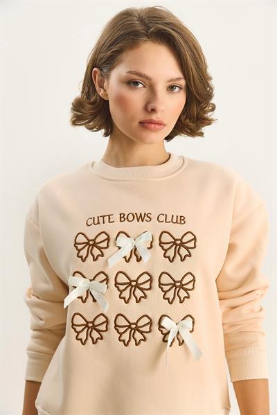 Kadın Fiyonk Nakışlı Kurdele Aksesuarlı Üç İplik Şardonlu Sweatshirt 60601048 - Bej
