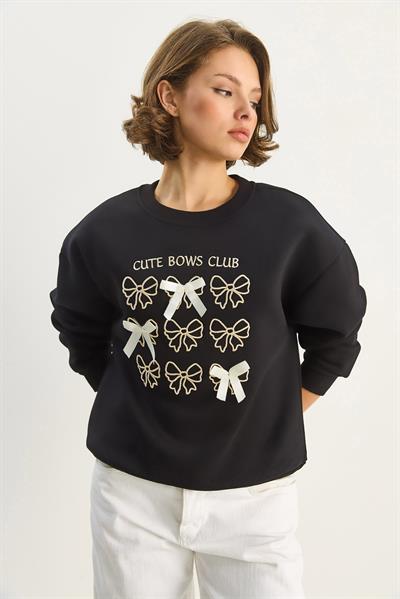 Kadın Fiyonk Nakışlı Kurdele Aksesuarlı Üç İplik Şardonlu Sweatshirt 60601048 - Siyah
