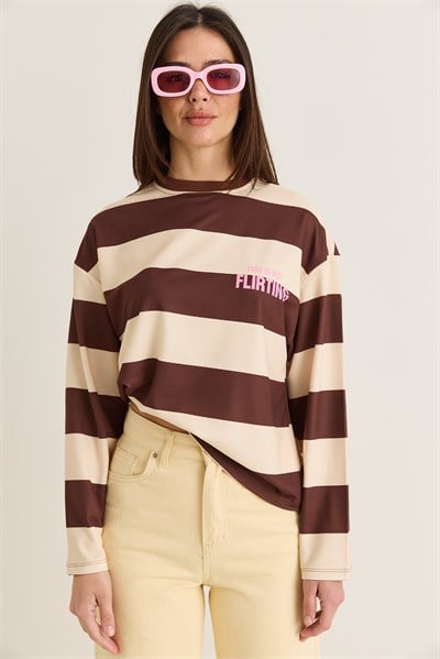 Kadın Flirting Yazı Baskılı Ön Arka Baskılı Çizgili Bisiklet Yaka Oversize Sweatshirt 927-1 60286669 - Kahverengi-Sarı