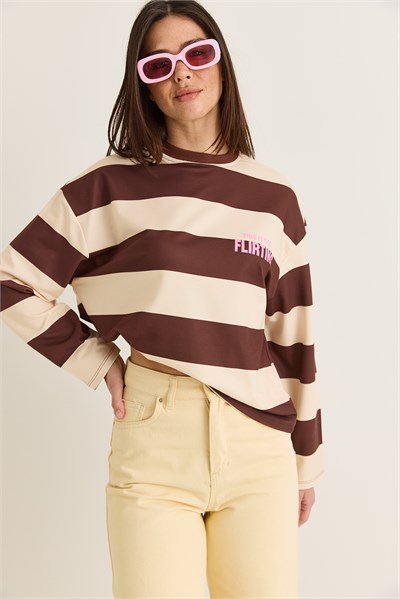 Kadın Flirting Yazı Baskılı Ön Arka Baskılı Çizgili Bisiklet Yaka Oversize Sweatshirt 927-1 60286669 - Kahverengi-Sarı