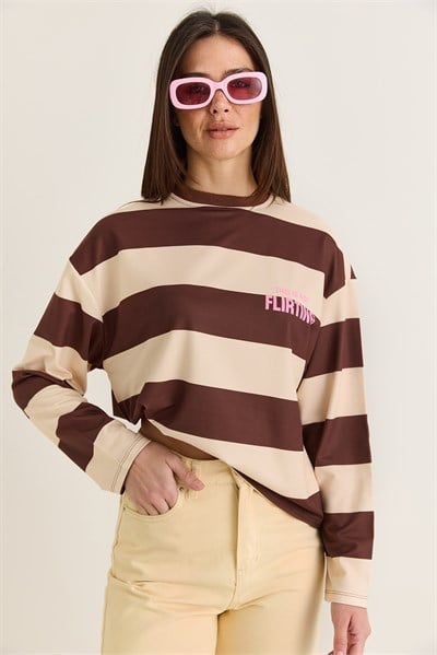 Kadın Flirting Yazı Baskılı Ön Arka Baskılı Çizgili Bisiklet Yaka Oversize Sweatshirt 927-1 60286669 - Kahverengi-Sarı
