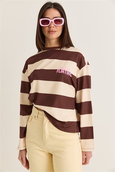 Kadın Flirting Yazı Baskılı Ön Arka Baskılı Çizgili Bisiklet Yaka Oversize Sweatshirt 927-1 60286669 - Kahverengi-Sarı