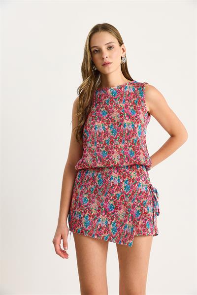 Kadın Flower Desen Pliseli Balon Bluz Bel Bağlamalı Mini Şortlu Takım 60283493 - Pembe