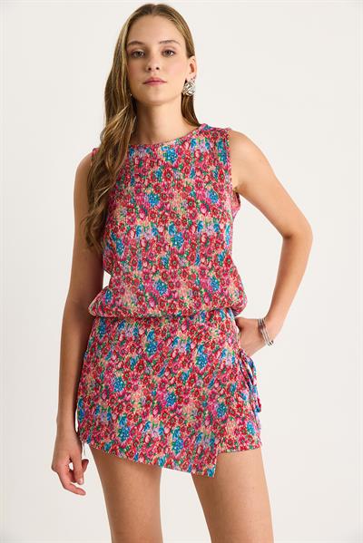 Kadın Flower Desen Pliseli Balon Bluz Bel Bağlamalı Mini Şortlu Takım 60283493 - Pembe