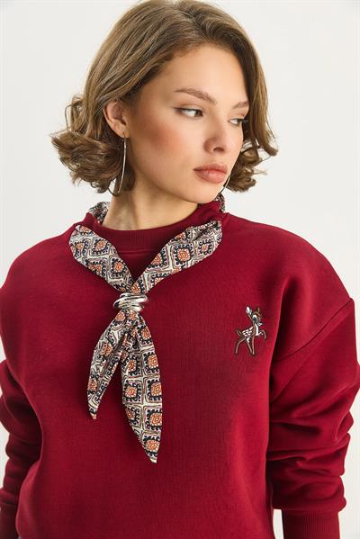Kadın Fular Detaylı Ceylan Nakışlı Üç İplik Şardonlu Oversize Sweatshirt 6916 60283615 - Bordo