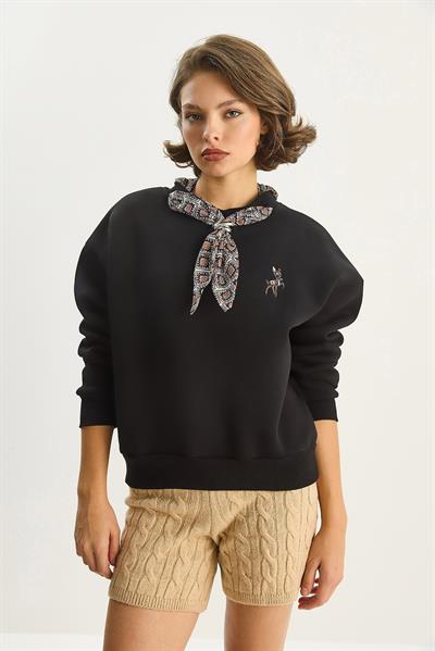 Kadın Fular Detaylı Ceylan Nakışlı Üç İplik Şardonlu Oversize Sweatshirt 6916 60283615 - Siyah