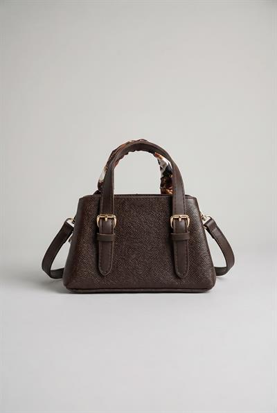 Kadın Fular Detaylı Kroko Dokulu Mini Tote El ve Omuz Çantası 2704 CNT0008 - Acı Kahve