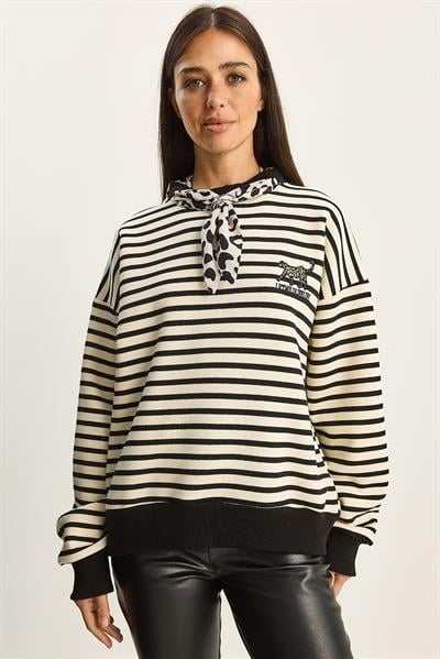 Kadın Fular Detaylı Leopar Nakışlı Çizgili Üç İplik Şardonlu Oversize Sweatshirt 6973 60283818 - Ekru-Siyah