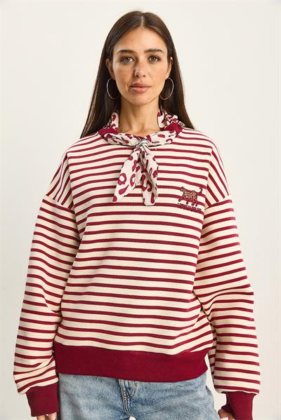 Kadın Fular Detaylı Leopar Nakışlı Çizgili Üç İplik Şardonlu Oversize Sweatshirt 6973 60283818 - Ekru-Bordo