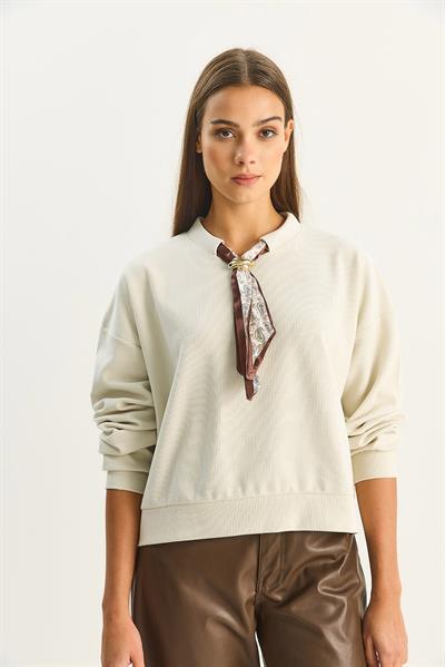 Kadın Fular Detaylı Pamuklu Ottoman Sweatshirt 6931 60283689 - Bej