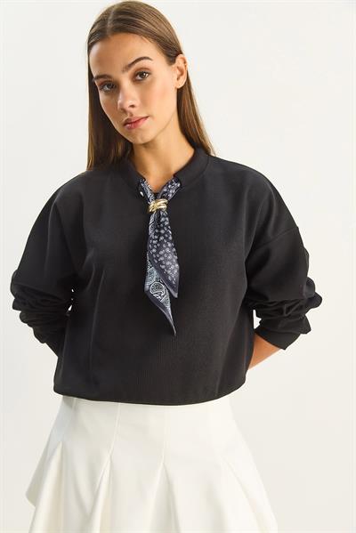 Kadın Fular Detaylı Pamuklu Ottoman Sweatshirt 6931 60283689 - Siyah