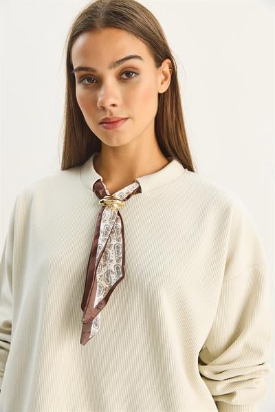 Kadın Fular Detaylı Pamuklu Ottoman Sweatshirt 6931 60283689 - Bej