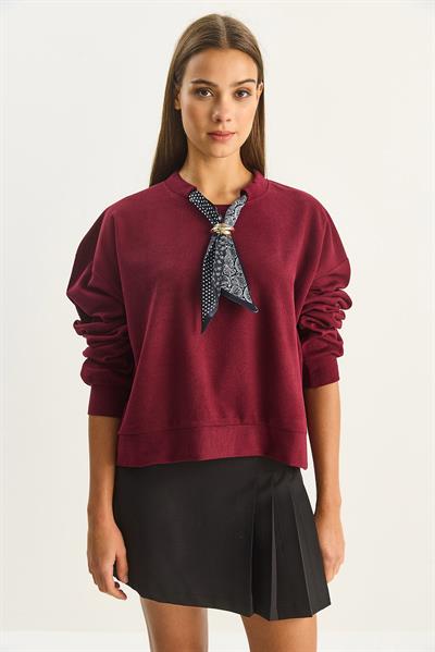 Kadın Fular Detaylı Pamuklu Ottoman Sweatshirt 6931 60283689 - Bordo