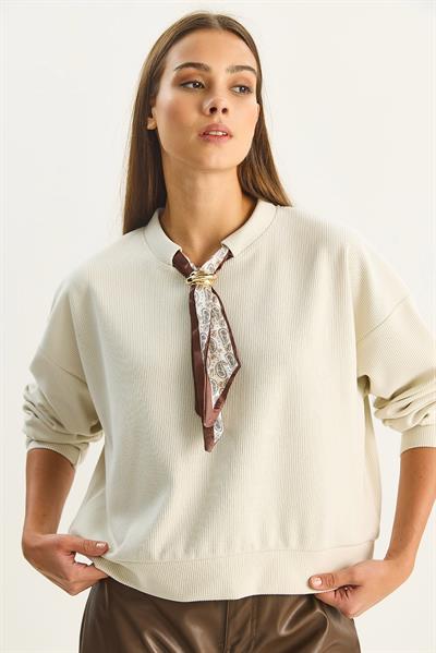 Kadın Fular Detaylı Pamuklu Ottoman Sweatshirt 6931 60283689 - Bej