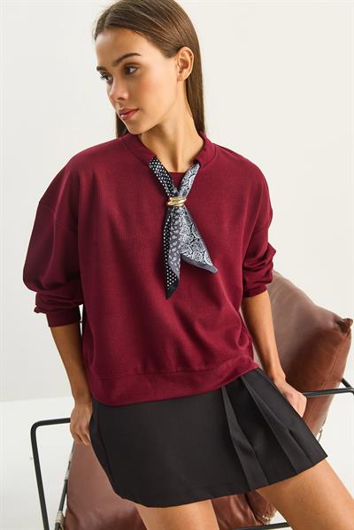 Kadın Fular Detaylı Pamuklu Ottoman Sweatshirt 6931 60283689 - Bordo