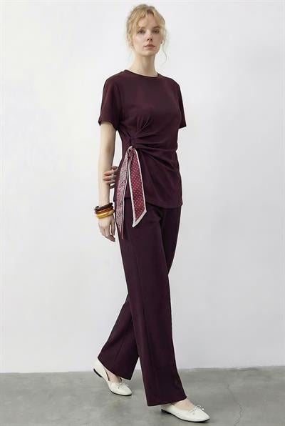 Kadın Fularlı Bağlama Detaylı T-Shirt Yüksek Bel Pantolon Alt-Üst Takım 7630 60286041 - Bordo