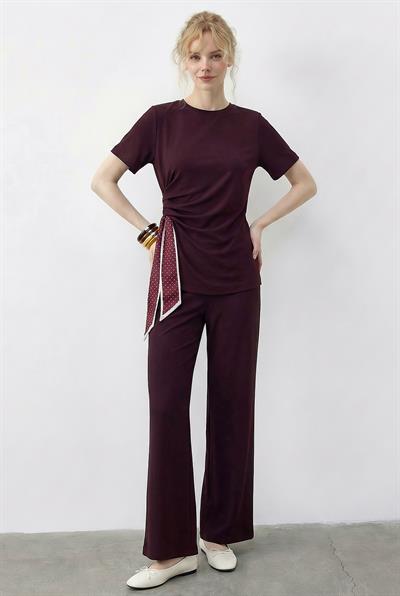 Kadın Fularlı Bağlama Detaylı T-Shirt Yüksek Bel Pantolon Alt-Üst Takım 7630 60286041 - Bordo