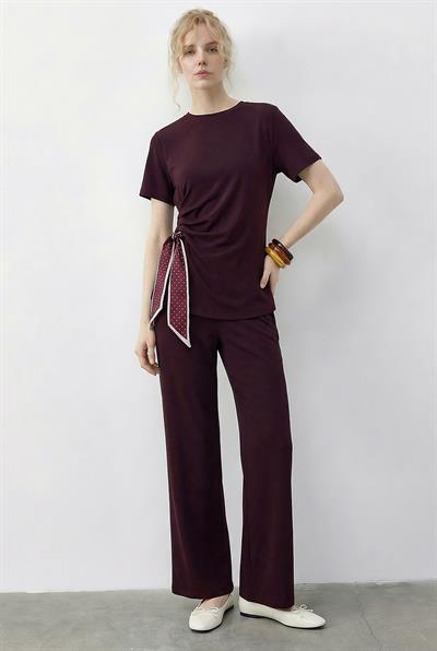 Kadın Fularlı Bağlama Detaylı T-Shirt Yüksek Bel Pantolon Alt-Üst Takım 7630 60286041 - Bordo