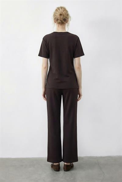 Kadın Fularlı Bağlama Detaylı T-Shirt Yüksek Bel Pantolon Alt-Üst Takım 7630 60286041 - Kahverengi