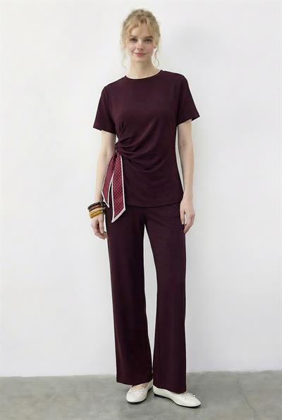 Kadın Fularlı Bağlama Detaylı T-Shirt Yüksek Bel Pantolon Alt-Üst Takım 7630 60286041 - Bordo