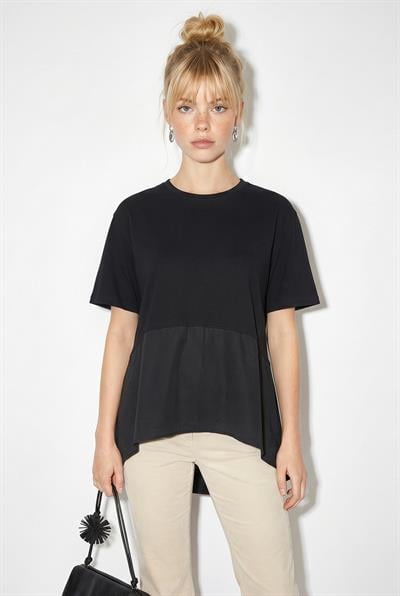 Kadın Garnili Asimetrik Kesim Oversize Basic T-Shirt 1069 60286252 - Siyah