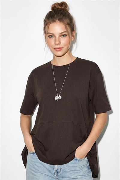 Kadın Garnili Asimetrik Kesim Oversize Basic T-Shirt 1069 60286252 - Acı Kahve