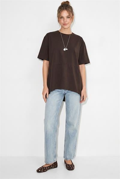 Kadın Garnili Asimetrik Kesim Oversize Basic T-Shirt 1069 60286252 - Acı Kahve