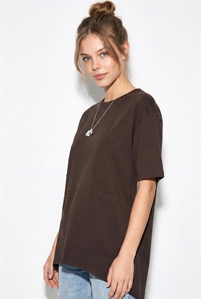 Kadın Garnili Asimetrik Kesim Oversize Basic T-Shirt 1069 60286252 - Acı Kahve