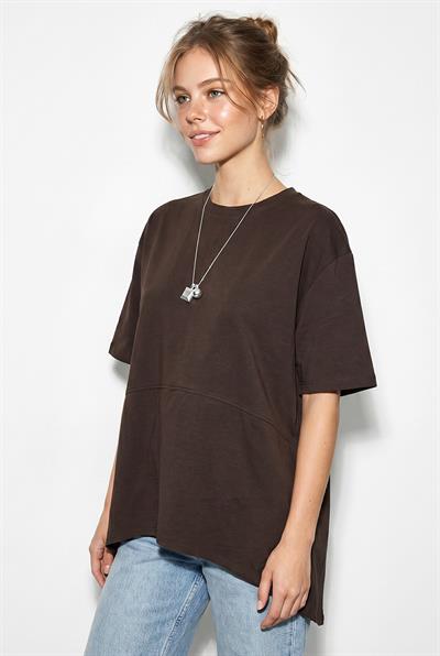 Kadın Garnili Asimetrik Kesim Oversize Basic T-Shirt 1069 60286252 - Acı Kahve