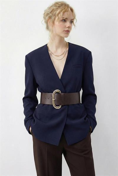 Kadın Geniş Kemerli Kruvaze Yaka Astarlı Ceket 4169 60283989 - Lacivert