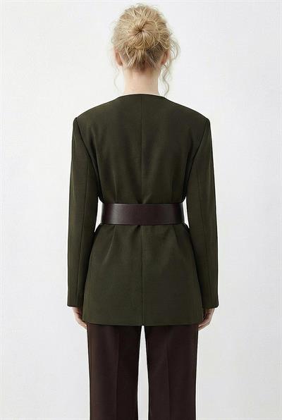 Kadın Geniş Kemerli Kruvaze Yaka Astarlı Ceket 4169 60283989 - Zeytin Yeşili