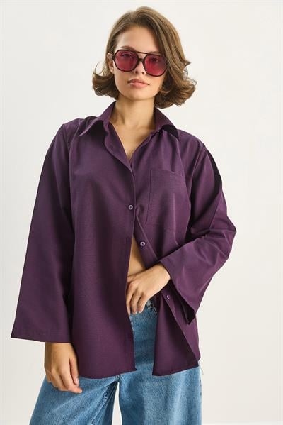 Kadın Geniş Kollu Tek Cep Detaylı Oversize Basic Poplin Gömlek 2144 60284103 - Mor