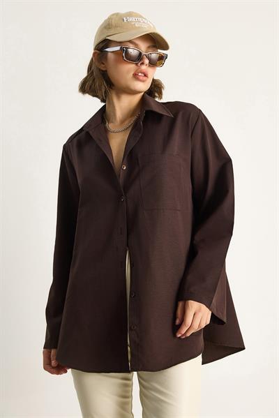 Kadın Geniş Kollu Tek Cep Detaylı Oversize Basic Poplin Gömlek 2144 60284103 - Acı Kahve