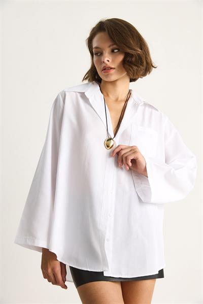 Kadın Geniş Kollu Tek Cep Detaylı Oversize Basic Poplin Gömlek 2144 60284103 - Beyaz