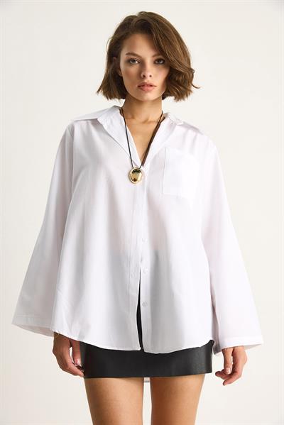 Kadın Geniş Kollu Tek Cep Detaylı Oversize Basic Poplin Gömlek 2144 60284103 - Beyaz