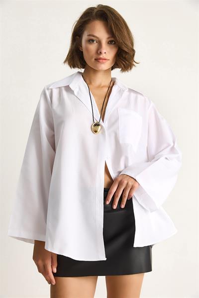 Kadın Geniş Kollu Tek Cep Detaylı Oversize Basic Poplin Gömlek 2144 60284103 - Beyaz