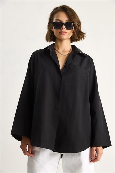 Kadın Geniş Kollu Tek Cep Detaylı Oversize Basic Poplin Gömlek 2144 60284103 - Siyah