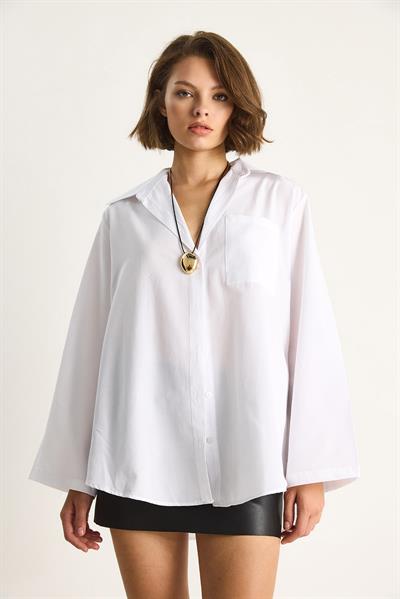 Kadın Geniş Kollu Tek Cep Detaylı Oversize Basic Poplin Gömlek 2144 60284103 - Beyaz
