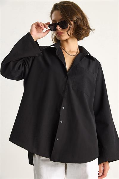Kadın Geniş Kollu Tek Cep Detaylı Oversize Basic Poplin Gömlek 2144 60284103 - Siyah
