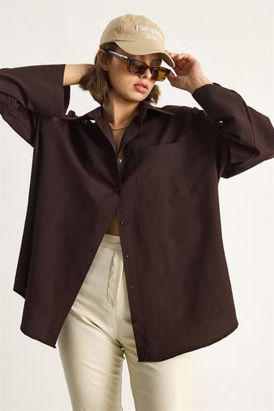 Kadın Geniş Kollu Tek Cep Detaylı Oversize Basic Poplin Gömlek 2144 60284103 - Acı Kahve