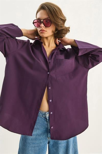 Kadın Geniş Kollu Tek Cep Detaylı Oversize Basic Poplin Gömlek 2144 60284103 - Mor