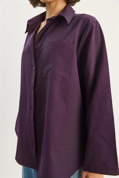 Kadın Geniş Kollu Tek Cep Detaylı Oversize Basic Poplin Gömlek 2144 60284103 - Mor