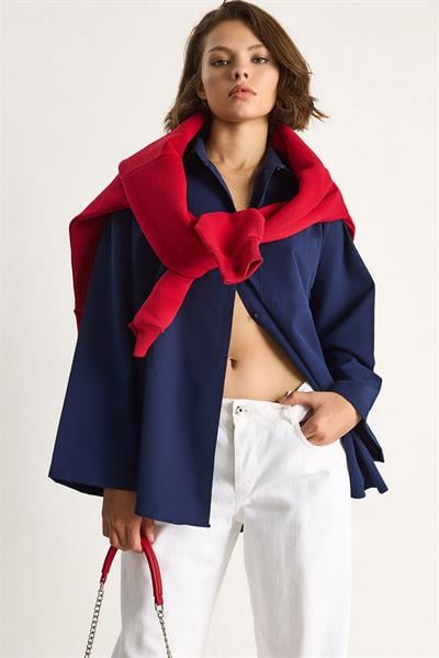 Kadın Geniş Kollu Tek Cep Detaylı Oversize Basic Poplin Gömlek 2144 60284103 - Lacivert