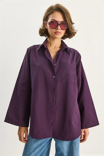 Kadın Geniş Kollu Tek Cep Detaylı Oversize Basic Poplin Gömlek 2144 60284103 - Mor