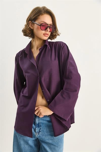 Kadın Geniş Kollu Tek Cep Detaylı Oversize Basic Poplin Gömlek 2144 60284103 - Mor