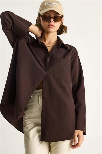 Kadın Geniş Kollu Tek Cep Detaylı Oversize Basic Poplin Gömlek 2144 60284103 - Acı Kahve