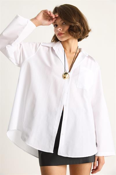 Kadın Geniş Kollu Tek Cep Detaylı Oversize Basic Poplin Gömlek 2144 60284103 - Beyaz
